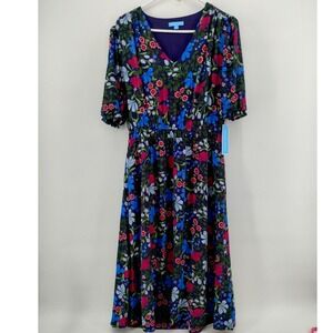 NWT Draper James Elbow Sleeve Smocked V Neck Dress Navy Blue Multi Floral Medium